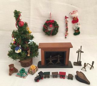 Vintage Dollhouse Miniatures 1:12 Fireplace Christmas Tree Train Presents