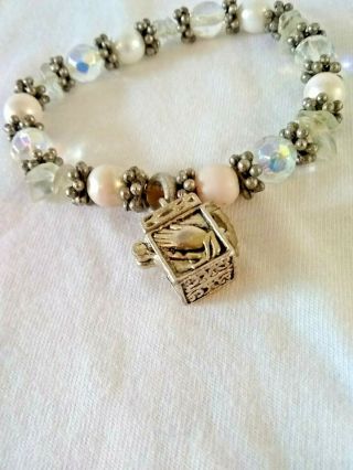 Vintage Prayer Box On Stretch Bracelet,  White And Clear Beads