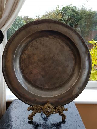 Antique,  Large Round Pewter,  Plate / Charger,  With Crowned R And M.  Circa 1750
