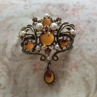 Vintage Amber Glass And Pearl Fob Brooch