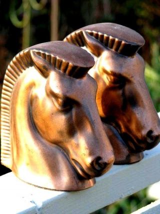 2 Trojan Horse Bookends Copper Brass Bronze Style Vtg Metal Art Deco Mid Century 3