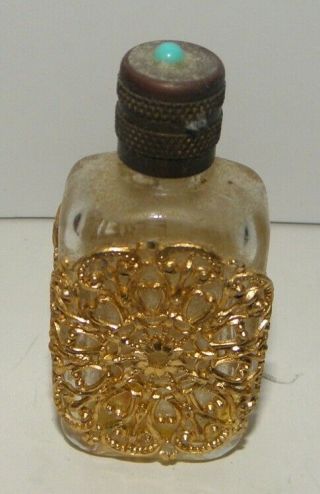Vintage Small Glass Perfume Bottle With Gold Metal Filigree Covering Hp 1