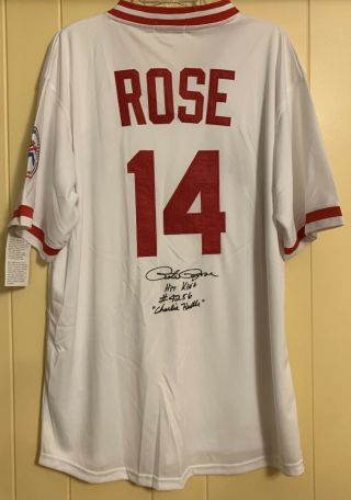 Pete Rose Signed White Cincinnati Reds Jersey Size 52 Cert Holo Charlie Hustle