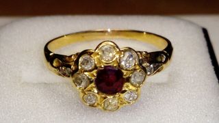 Antique Victorian 18ct Yellow Gold Pretty Old Cut Ruby & Diamond Ring,  Sz P/q