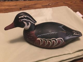 Vintage Hand Carved Wooden Wood Duck Drake Decoy With Glass Eye Eyes.  Detailed