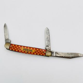 Vintage Purina Kutmaster 3 Blade Pocket Knife Checkerboard HandLe See Photos 3