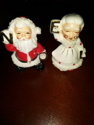 Vintage Santa & Mrs Claus Christmas Noel Spaghetti Trim Ucagco Japan Salt Pepper