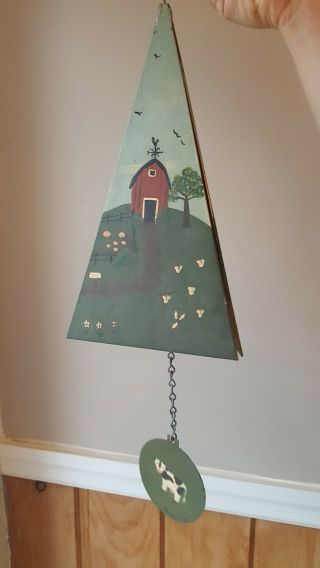 Signed Vintage Wind Chimes,  Three Metal Triangles With Wooden Ringer Farm Scene