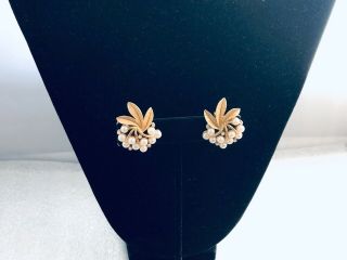 Vtg.  Crown Trifari Faux Pearl & Rhinestone Flowers/leaves Clip On Earrings