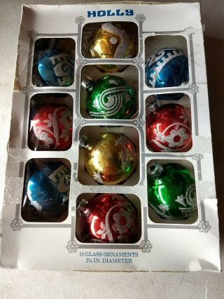 Vintage Box Of 10 Holly Brand Ball Glass Christmas Ornaments Glitter 2.  25 "
