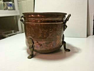 Large Vtg Copper Claw Foot Planter Pot With Lion Face Handles Embossed Goddesses
