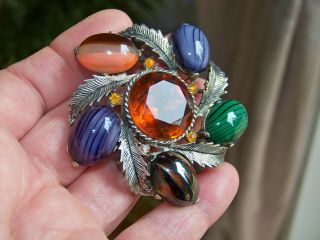Vintage Signed Jewellery Large Scottish Celtic Agate Thistle Shield Brooch Pin