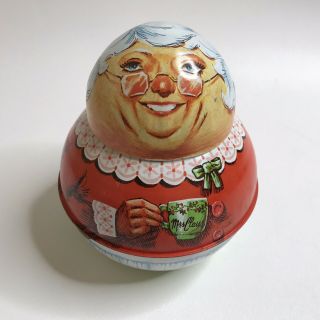 Vintage Roly Poly Mrs Santa Claus Christmas Holiday Cookie Tin Bristol Ware 80’s