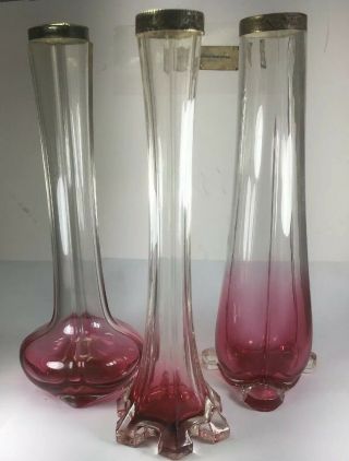 Antique Victorian 1915 Sterling Silver & Red Cut Glass Trio Unique Vases Sz 8”