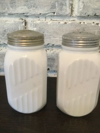 Large Vintage Range Top White Milk Glass Salt And Pepper Shakers 5 " Tall