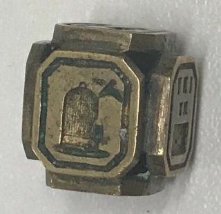 Victorian? Antique Brass Cube Intaglio Wax Seal With 6 Sweetdesigns - 5 Of Birds