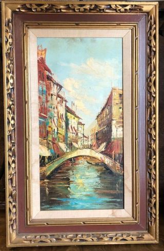 Antique Framed Oil On Canvas Painting By Luigi Moretti Venice Italy Canal Scene
