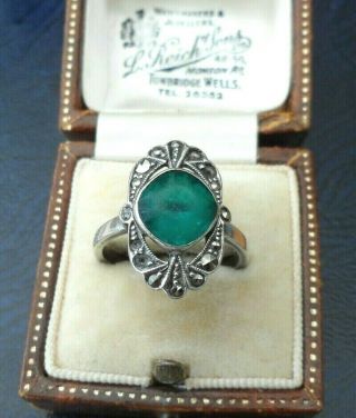 Vintage Jewellery Art Deco Silver Marcasite & Green Paste Ring