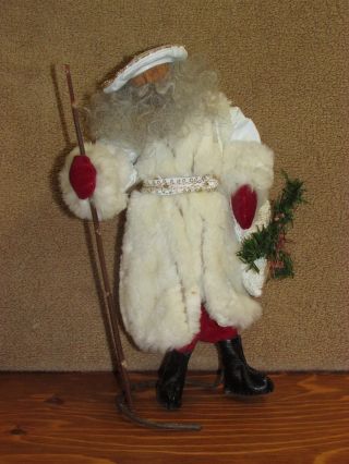 Vintage Primitive Folk Art Santa Claus Fur Trimmed Coat Walnut Head 12 " Tall
