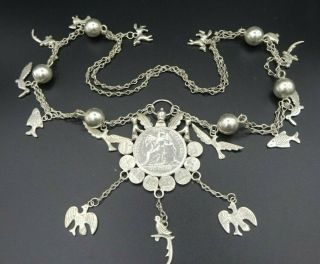 Antique Guatemalan Chachal Coin Necklace - Pendant & Chain - Birds & Fish - 1894
