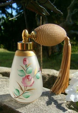 Vintage Holmspray Hand - Painted Frosted Glass Perfume Bottle New/atomizer Germany