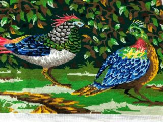 Vintage Colorful Chinese Pheasants Completed Needlepoint Pillow Bench 23 by 49 2