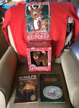 Vintage Rudolph The Red Nosed Reindeer Plush,  Books And Sweat Shirt