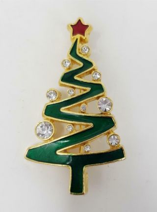 Vintage Lia Gold Tone Enamel Clear Rhinestone Christmas Ribbon Tree Brooch Pin