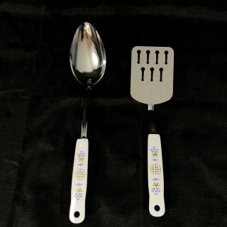 Ekco Tulips Stars Hex And Diamond 12 1/2 " Solid Spoon And Spatula Vintage