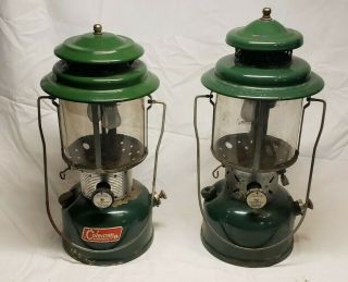 2 Vintage Coleman Model 220e 2 Mantle Green Lantern Pyrex Globe
