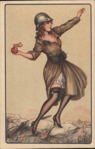 Adolfo Busi Woman Soldier Throwing Heart Gernade Postcard Vintage Post Card