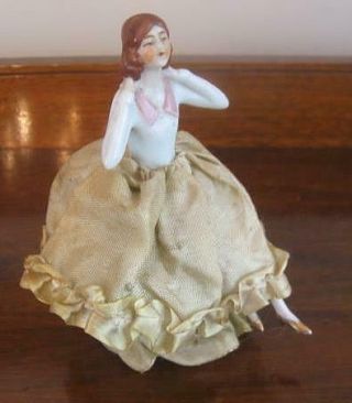 Vintage Porcelain Half - Doll Pincushion With Legs Arms Extended Crossed Legs
