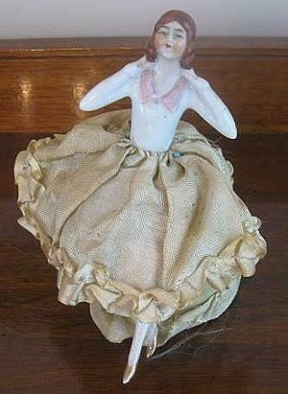 Vintage Porcelain Half - Doll Pincushion with Legs Arms Extended Crossed Legs 2