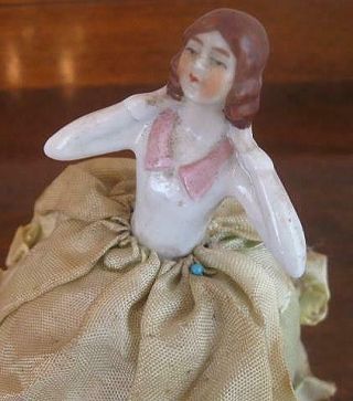 Vintage Porcelain Half - Doll Pincushion with Legs Arms Extended Crossed Legs 3