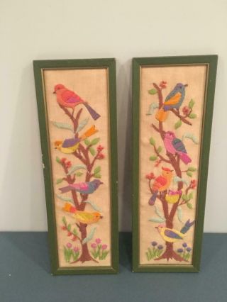 Vintage Crewel Work Birds,  Set Of Two,  Custom Framed