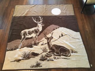 Vintage Mora Blanket Throw Two Deers Tan Brown 83x89 Large Warm