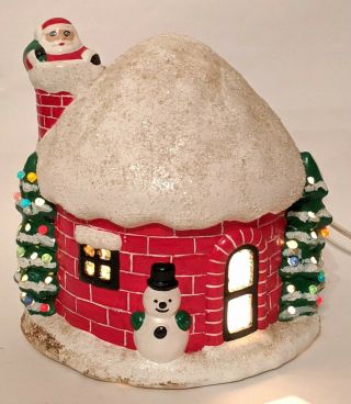 Vtg Ceramic Light Up Christmas Igloo Snow Cottage Santa In Chimney Music Box
