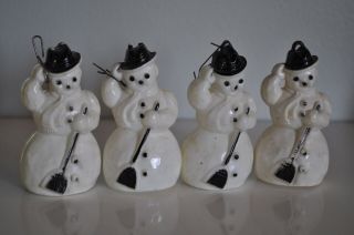 Vintage Christmas Ornament White Snowman With Black Hat Rosbro Set Of 4