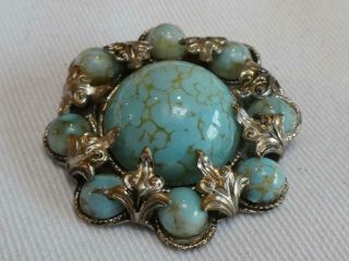 Vintage - Pretty Silvertone Circular Faux Turquoise/glass Cabochon Floral Brooch