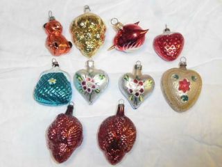 10 Vintage Blown Mercury Glass Christmas Ornament Hearts Bear Strawberry Pine