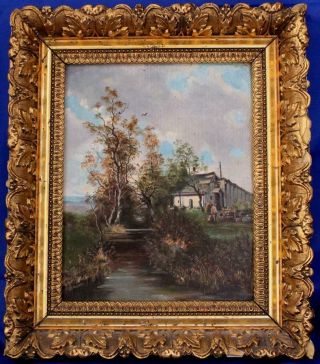 Antique German Painting Oil/cardboard Landscape W/house And Figure C.  1900
