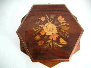 Vtg Reuge Inlaid Wood Floral Jewelry Music Box Octagon