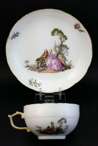 Antique 18thc Meissen Porcelain Cup And Saucer,  Teniers Scene,  Basket Weave