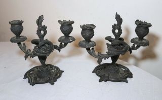 2 Antique Ornate 19th Century Rococo Bronze Candelabra Candle Holders