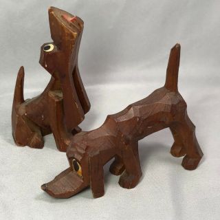 Pair Hound Dog Hand Carved Wood Figurines Vintage