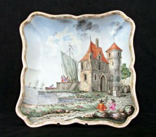 Antique Meissen Porcelain Dish,  Hand - Painted Harbour Scene With Castle 9 " Square