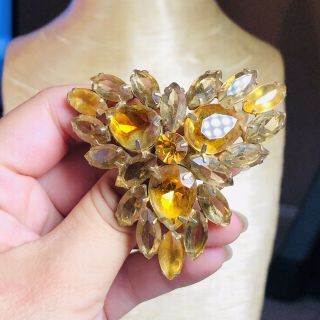 Vtg Large Old Rhinestone Brooch Pin Navettes Yellow Open Back