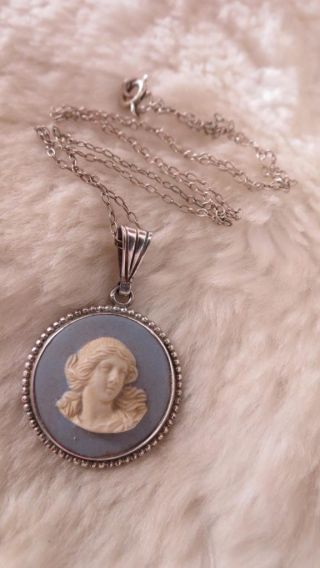 Vintage 925 Silver Wedgwood Blue Jasper Ware Cameo Pendant 17 " Chain Necklace