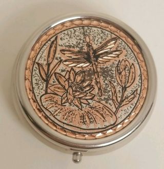 Flowers Water Lilies Dragonfly Vintage Silver Copper Color Pill Box Round Metal