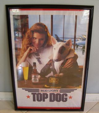 Rare Vintage Bud Light Spuds Mackenzie Top Dog Gun Framed Poster 1990